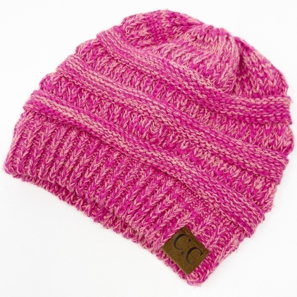 CC | Pink Beanie Stocking Cap Two-Tone Cable Knit